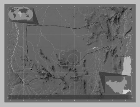 Foto de Eastern Equatoria, state of South Sudan. Grayscale elevation map with lakes and rivers. Locations of major cities of the region. Corner auxiliary location maps - Imagen libre de derechos