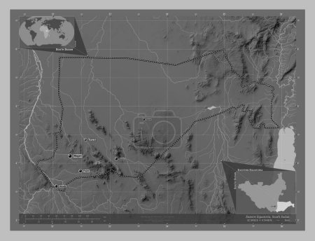 Foto de Ecuatoria Oriental, estado de Sudán del Sur. Mapa de elevación a escala de grises con lagos y ríos. Ubicaciones y nombres de las principales ciudades de la región. Mapas de ubicación auxiliares de esquina - Imagen libre de derechos