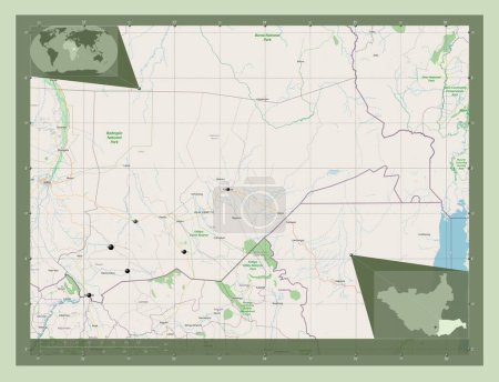 Foto de Eastern Equatoria, state of South Sudan. Open Street Map. Locations of major cities of the region. Corner auxiliary location maps - Imagen libre de derechos