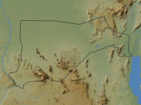 Téléchargez les photos : Equatoria oriental, État du Soudan du Sud. Carte d'altitude colorée avec lacs et rivières - en image libre de droit