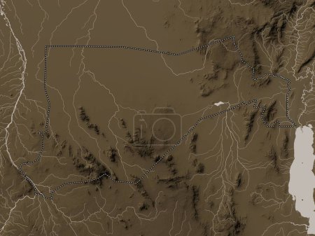 Téléchargez les photos : Equatoria oriental, État du Soudan du Sud. Carte d'altitude colorée dans des tons sépia avec des lacs et des rivières - en image libre de droit