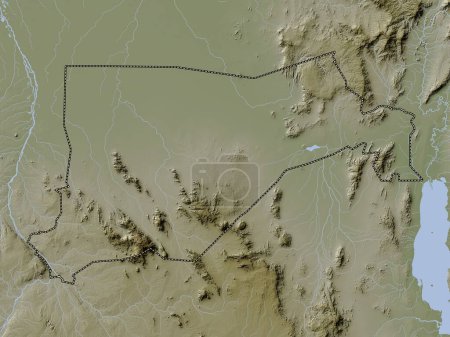 Téléchargez les photos : Equatoria oriental, État du Soudan du Sud. Carte d'altitude colorée dans le style wiki avec des lacs et des rivières - en image libre de droit