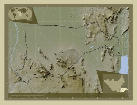 Téléchargez les photos : Equatoria oriental, État du Soudan du Sud. Carte d'altitude colorée dans le style wiki avec des lacs et des rivières. Emplacements des grandes villes de la région. Corner cartes de localisation auxiliaires - en image libre de droit