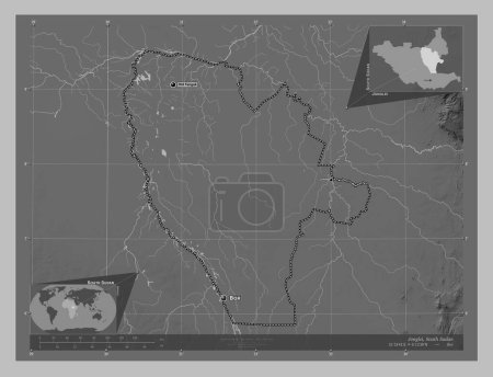 Téléchargez les photos : Jonglei, state of South Sudan. Grayscale elevation map with lakes and rivers. Locations and names of major cities of the region. Corner auxiliary location maps - en image libre de droit