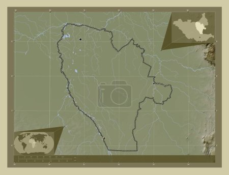 Téléchargez les photos : Jonglei, État du Soudan du Sud. Carte d'altitude colorée dans le style wiki avec des lacs et des rivières. Emplacements des grandes villes de la région. Corner cartes de localisation auxiliaires - en image libre de droit