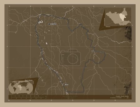 Photo for Jonglei, state of South Sudan. Elevation map colored in sepia tones with lakes and rivers. Locations and names of major cities of the region. Corner auxiliary location maps - Royalty Free Image