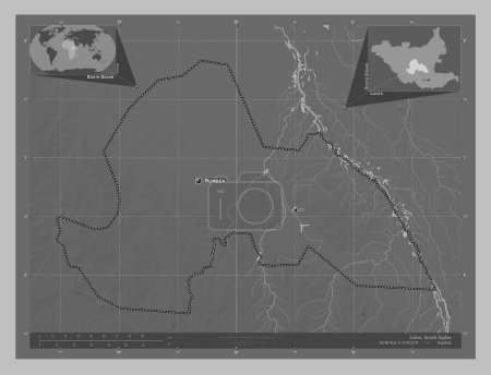Téléchargez les photos : Lacs, État du Soudan du Sud. Carte d'altitude en niveaux de gris avec lacs et rivières. Emplacements et noms des grandes villes de la région. Corner cartes de localisation auxiliaires - en image libre de droit