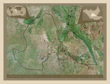 Foto de Lagos, estado de Sudán del Sur. Mapa satelital de alta resolución. Ubicaciones de las principales ciudades de la región. Mapas de ubicación auxiliares de esquina - Imagen libre de derechos