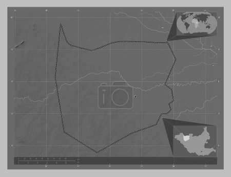Téléchargez les photos : Northern Bahr-el-Ghazal, state of South Sudan. Grayscale elevation map with lakes and rivers. Corner auxiliary location maps - en image libre de droit
