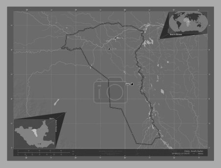 Téléchargez les photos : Unité, État du Soudan du Sud. Carte d'altitude de Bilevel avec lacs et rivières. Emplacements et noms des grandes villes de la région. Corner cartes de localisation auxiliaires - en image libre de droit