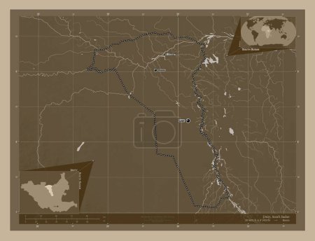 Téléchargez les photos : Unité, État du Soudan du Sud. Carte d'altitude colorée dans des tons sépia avec des lacs et des rivières. Emplacements et noms des grandes villes de la région. Corner cartes de localisation auxiliaires - en image libre de droit