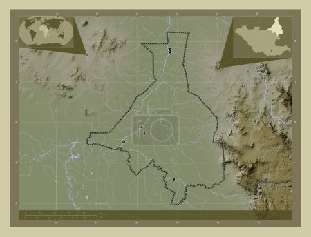 Foto de Alto Nilo, estado de Sudán del Sur. Mapa de elevación coloreado en estilo wiki con lagos y ríos. Ubicaciones de las principales ciudades de la región. Mapas de ubicación auxiliares de esquina - Imagen libre de derechos
