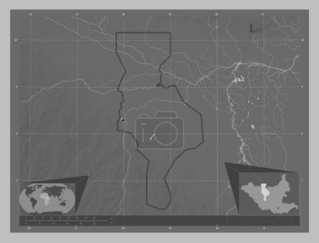 Photo for Warrap, state of South Sudan. Grayscale elevation map with lakes and rivers. Corner auxiliary location maps - Royalty Free Image