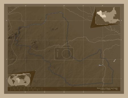 Photo for Western Bahr-el-Ghazal, state of South Sudan. Elevation map colored in sepia tones with lakes and rivers. Locations and names of major cities of the region. Corner auxiliary location maps - Royalty Free Image