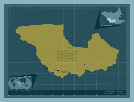 Téléchargez les photos : Western Equatoria, state of South Sudan. Solid color shape. Locations and names of major cities of the region. Corner auxiliary location maps - en image libre de droit