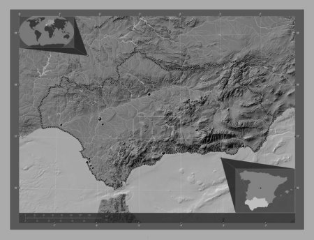 Foto de Andalucía, comunidad autónoma de España. Mapa de elevación de Bilevel con lagos y ríos. Ubicaciones de las principales ciudades de la región. Mapas de ubicación auxiliares de esquina - Imagen libre de derechos