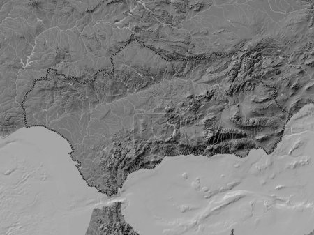 Foto de Andalucía, comunidad autónoma de España. Mapa de elevación de Bilevel con lagos y ríos - Imagen libre de derechos