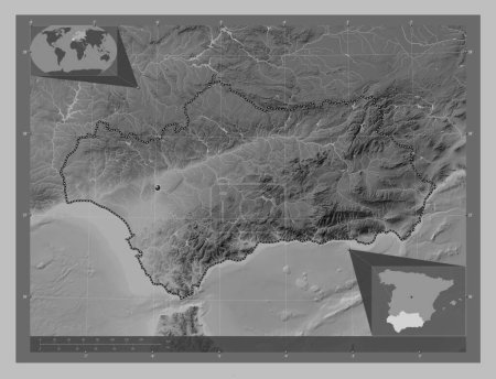 Photo for Andalucia, autonomous community of Spain. Grayscale elevation map with lakes and rivers. Corner auxiliary location maps - Royalty Free Image