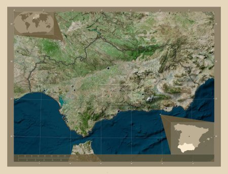 Foto de Andalucía, comunidad autónoma de España. Mapa satelital de alta resolución. Ubicaciones de las principales ciudades de la región. Mapas de ubicación auxiliares de esquina - Imagen libre de derechos