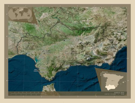 Foto de Andalucía, comunidad autónoma de España. Mapa satelital de alta resolución. Ubicaciones y nombres de las principales ciudades de la región. Mapas de ubicación auxiliares de esquina - Imagen libre de derechos