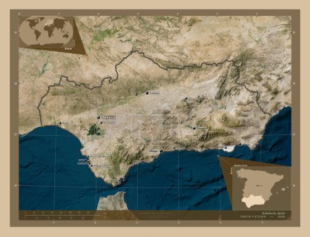 Foto de Andalucía, comunidad autónoma de España. Mapa satelital de baja resolución. Ubicaciones y nombres de las principales ciudades de la región. Mapas de ubicación auxiliares de esquina - Imagen libre de derechos
