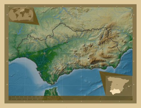 Téléchargez les photos : Andalousie, communauté autonome d'Espagne. Carte d'altitude colorée avec lacs et rivières. Emplacements des grandes villes de la région. Corner cartes de localisation auxiliaires - en image libre de droit