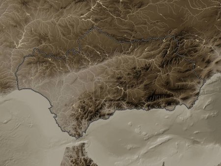 Photo for Andalucia, autonomous community of Spain. Elevation map colored in sepia tones with lakes and rivers - Royalty Free Image