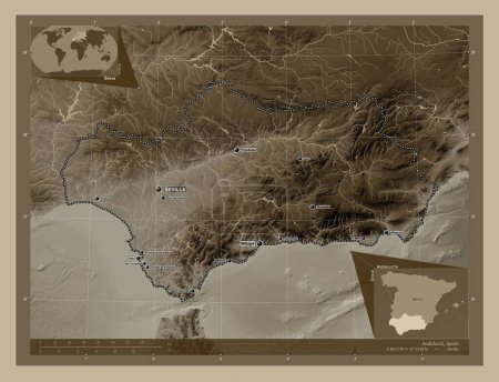Foto de Andalucía, comunidad autónoma de España. Mapa de elevación coloreado en tonos sepia con lagos y ríos. Ubicaciones y nombres de las principales ciudades de la región. Mapas de ubicación auxiliares de esquina - Imagen libre de derechos