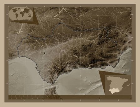 Téléchargez les photos : Andalousie, communauté autonome d'Espagne. Carte d'altitude colorée dans des tons sépia avec des lacs et des rivières. Corner cartes de localisation auxiliaires - en image libre de droit