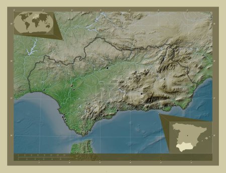 Foto de Andalucía, comunidad autónoma de España. Mapa de elevación coloreado en estilo wiki con lagos y ríos. Ubicaciones de las principales ciudades de la región. Mapas de ubicación auxiliares de esquina - Imagen libre de derechos