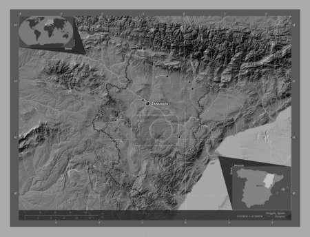 Photo for Aragon, autonomous community of Spain. Bilevel elevation map with lakes and rivers. Locations and names of major cities of the region. Corner auxiliary location maps - Royalty Free Image