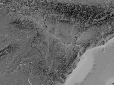 Téléchargez les photos : Aragon, autonomous community of Spain. Grayscale elevation map with lakes and rivers - en image libre de droit