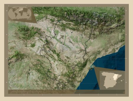Foto de Aragón, comunidad autónoma de España. Mapa satelital de alta resolución. Ubicaciones de las principales ciudades de la región. Mapas de ubicación auxiliares de esquina - Imagen libre de derechos