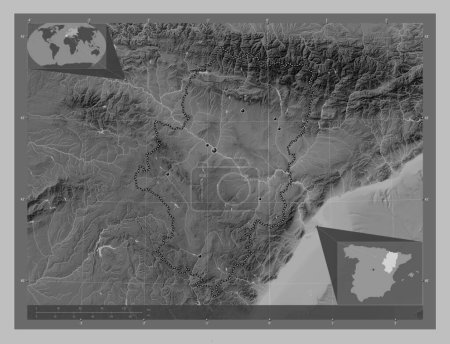 Photo for Aragon, autonomous community of Spain. Grayscale elevation map with lakes and rivers. Locations of major cities of the region. Corner auxiliary location maps - Royalty Free Image