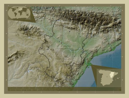 Photo for Aragon, autonomous community of Spain. Elevation map colored in wiki style with lakes and rivers. Locations of major cities of the region. Corner auxiliary location maps - Royalty Free Image