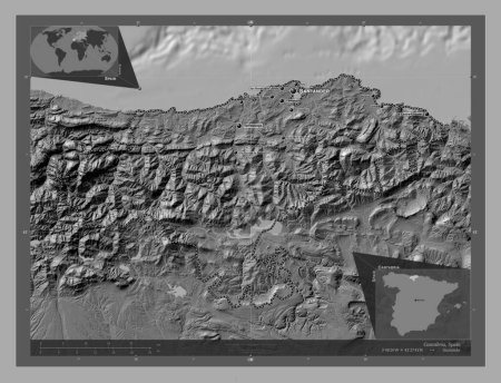 Photo for Cantabria, autonomous community of Spain. Bilevel elevation map with lakes and rivers. Locations and names of major cities of the region. Corner auxiliary location maps - Royalty Free Image