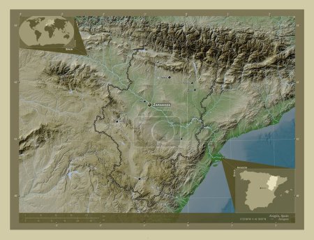 Photo for Aragon, autonomous community of Spain. Elevation map colored in wiki style with lakes and rivers. Locations and names of major cities of the region. Corner auxiliary location maps - Royalty Free Image