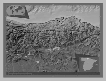 Photo for Cantabria, autonomous community of Spain. Grayscale elevation map with lakes and rivers. Locations of major cities of the region. Corner auxiliary location maps - Royalty Free Image