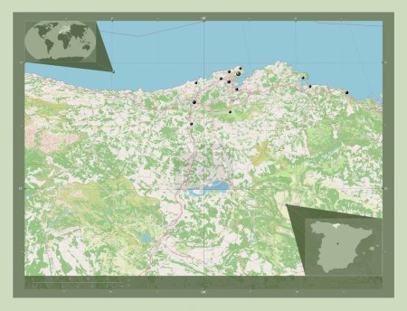 Foto de Cantabria, comunidad autónoma de España. Open Street Map. Ubicaciones de las principales ciudades de la región. Mapas de ubicación auxiliares de esquina - Imagen libre de derechos