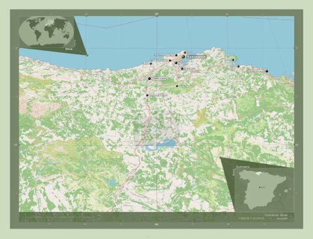 Téléchargez les photos : Cantabria, autonomous community of Spain. Open Street Map. Locations and names of major cities of the region. Corner auxiliary location maps - en image libre de droit