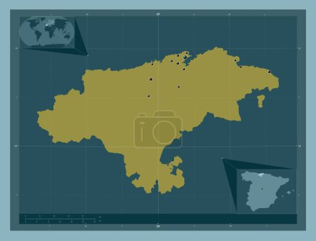 Téléchargez les photos : Cantabria, autonomous community of Spain. Solid color shape. Locations of major cities of the region. Corner auxiliary location maps - en image libre de droit