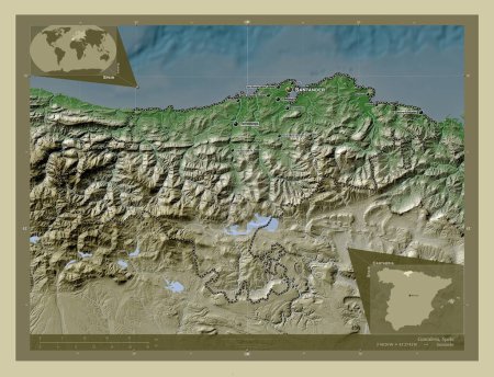 Téléchargez les photos : Cantabria, autonomous community of Spain. Elevation map colored in wiki style with lakes and rivers. Locations and names of major cities of the region. Corner auxiliary location maps - en image libre de droit