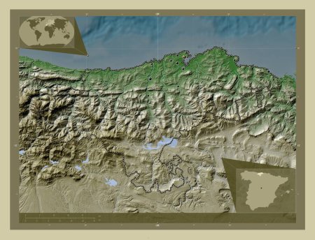 Téléchargez les photos : Cantabrie, communauté autonome d'Espagne. Carte d'altitude colorée dans le style wiki avec des lacs et des rivières. Emplacements des grandes villes de la région. Corner cartes de localisation auxiliaires - en image libre de droit