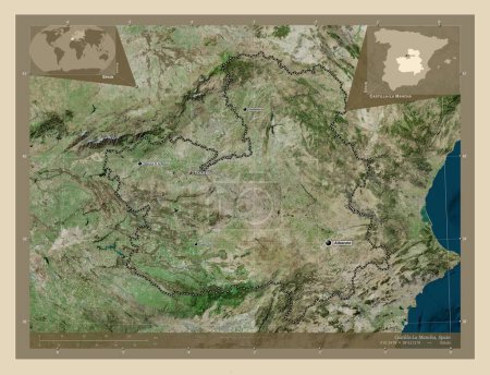 Foto de Castilla-La Mancha, comunidad autónoma de España. Mapa satelital de alta resolución. Ubicaciones y nombres de las principales ciudades de la región. Mapas de ubicación auxiliares de esquina - Imagen libre de derechos