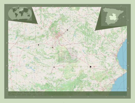 Foto de Castilla-La Mancha, comunidad autónoma de España. Open Street Map. Ubicaciones de las principales ciudades de la región. Mapas de ubicación auxiliares de esquina - Imagen libre de derechos