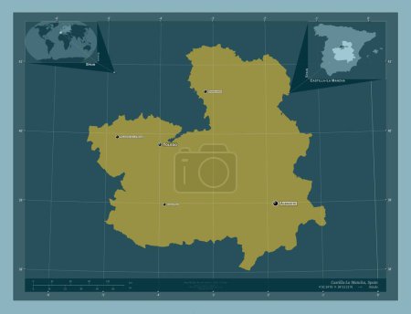 Téléchargez les photos : Castilla-La Mancha, autonomous community of Spain. Solid color shape. Locations and names of major cities of the region. Corner auxiliary location maps - en image libre de droit