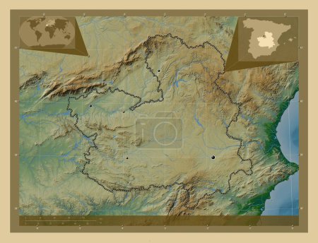 Photo for Castilla-La Mancha, autonomous community of Spain. Colored elevation map with lakes and rivers. Locations of major cities of the region. Corner auxiliary location maps - Royalty Free Image