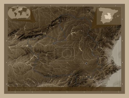 Photo for Castilla-La Mancha, autonomous community of Spain. Elevation map colored in sepia tones with lakes and rivers. Locations of major cities of the region. Corner auxiliary location maps - Royalty Free Image