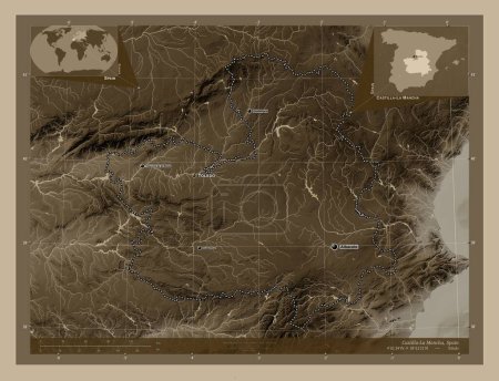 Photo for Castilla-La Mancha, autonomous community of Spain. Elevation map colored in sepia tones with lakes and rivers. Locations and names of major cities of the region. Corner auxiliary location maps - Royalty Free Image