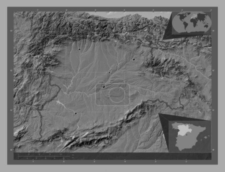 Photo for Castilla y Leon, autonomous community of Spain. Bilevel elevation map with lakes and rivers. Locations of major cities of the region. Corner auxiliary location maps - Royalty Free Image